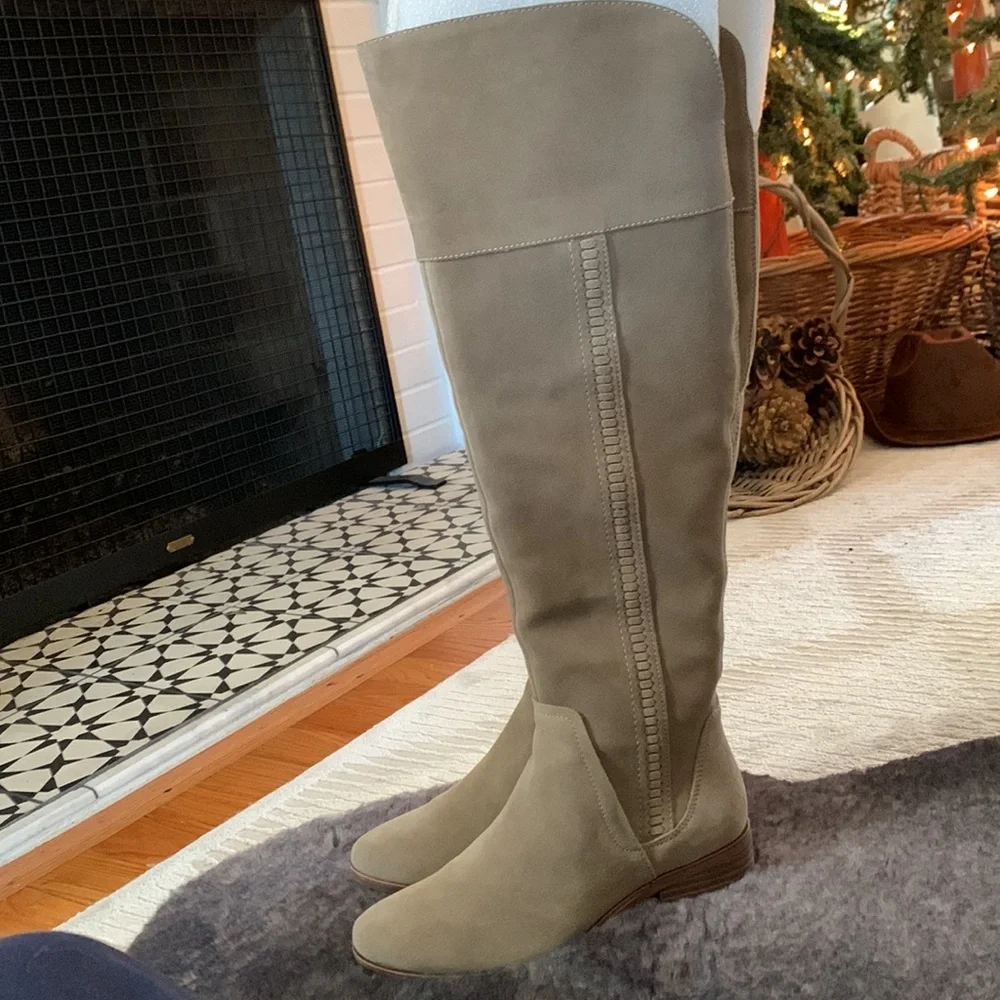 Suede Over-the-Knee Block Heel Boots - Beige
